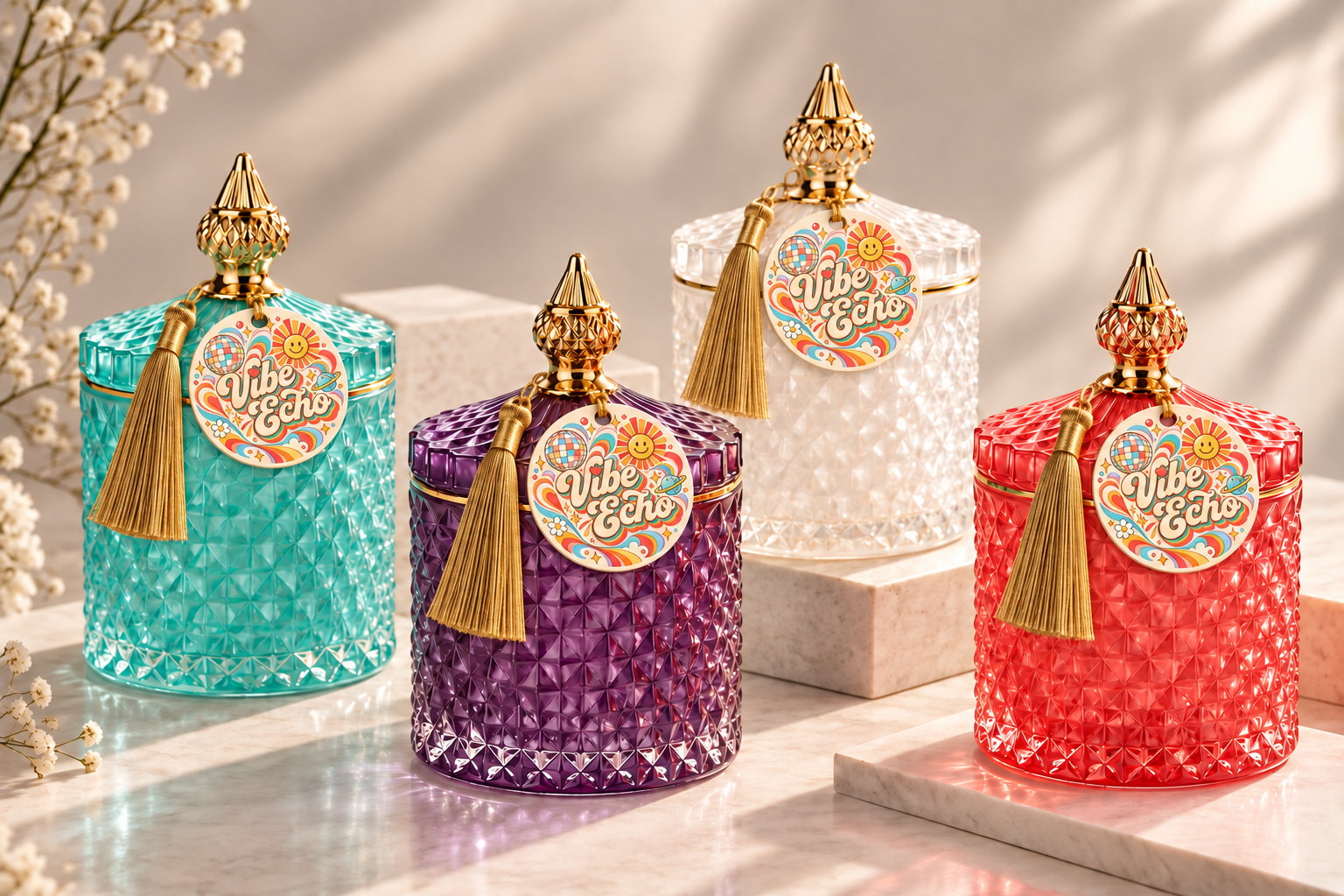 VIBE ECHO jewel gift jars in teal, violet, clear and coral glass, finished with golden tassels