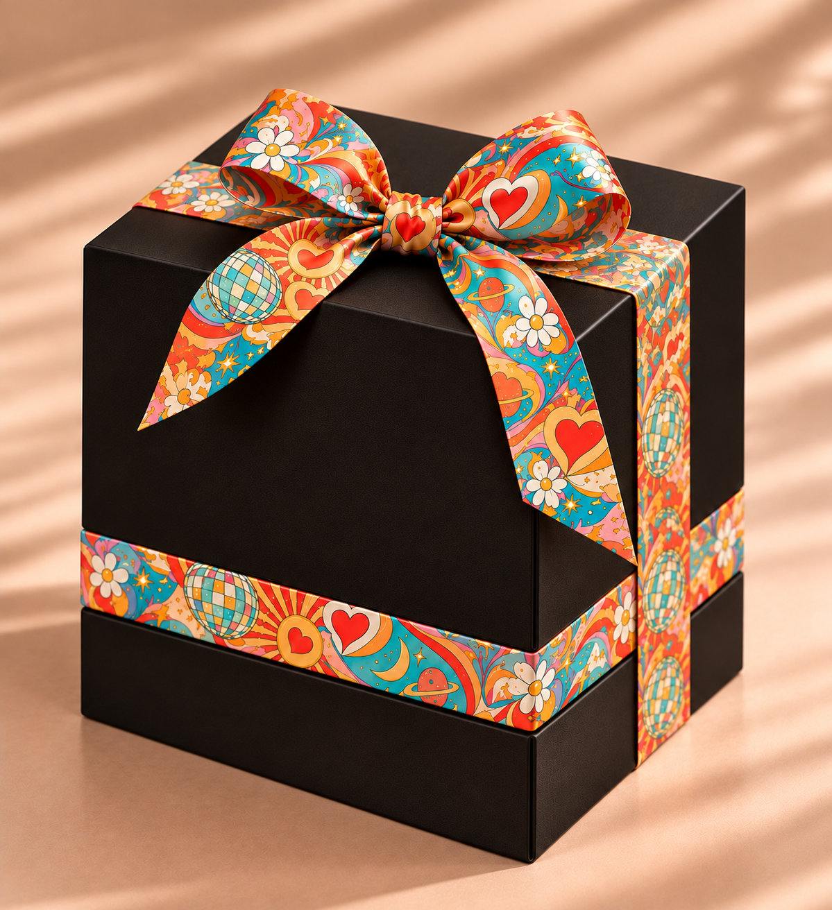 VIBE ECHO’s luxury black gift packaging with colourful retro-patterned ribbon